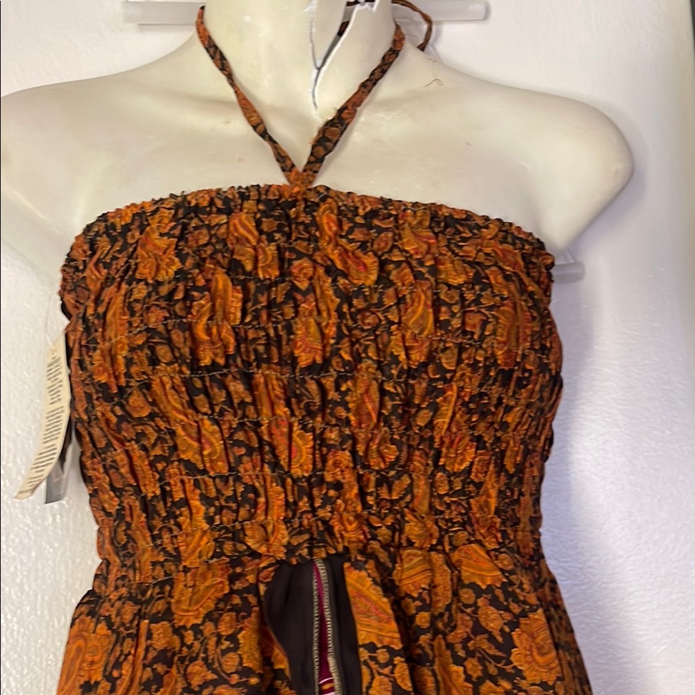 Brown Strapless Asymmetrical Sundress Print Layered Font Slit Skirt Free Size - Picture 4 of 4